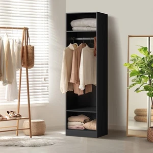 Oikiture Open Wardrobe Shelf Unit Clothes Storage 3 Shelves Hanging Rail Black - Picture 1 of 10