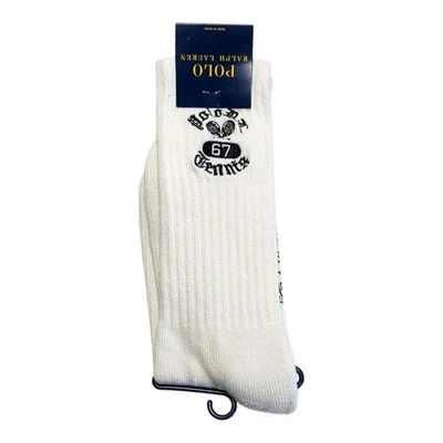 New Polo Ralph Lauren Men’s White Ribbed Crew Socks 1 Pair Polo RL Tennis Logo  - Image 1 of 4