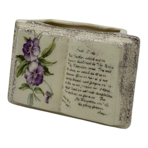 Vintage Ceramic Open Book Prayer Planter Purple Pansy Flowers Our Father - Picture 1 of 10