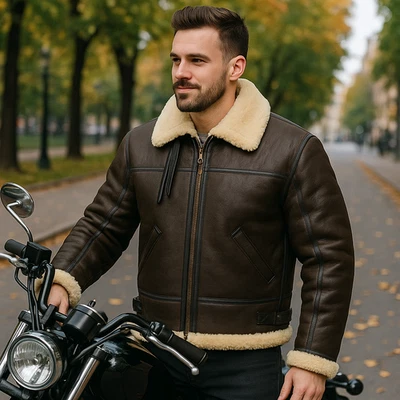 B3 RAF Brown Bomber Flying Aviator Fur Irvin Real Leather Shearling Mens Jacket - Image 1 of 4