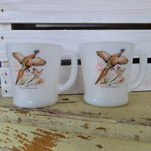 (2) Vintage Anchor Hocking Fire-King Milk Glass Coffee Cups Ring-Necked Pheasant - Picture 1 of 7