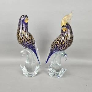 Pair (2) Murano Glass Bird Signed Blue w/ Gold Accents 12" Tall - Picture 1 of 11