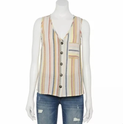 Rewind Linen Button V-neck Tank Top Multi-Color Women's JR. Sz S NWT Striped - Image 1 of 3