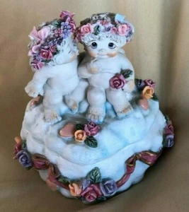 LOVE heart Trinket Box - Two Cupids sit on top of roses and lace - 3" x 2.5 - Picture 1 of 8