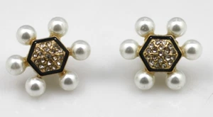 Vince Camuto faux pearl clear crystal black enamel snowflake earrings clip ons - Picture 1 of 7