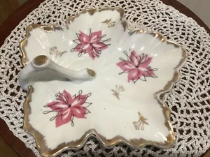 Vintage Leaf Shaped With Pink Flowers Gold Trim Nappy Lemons Wedge Dish  - Picture 1 of 5