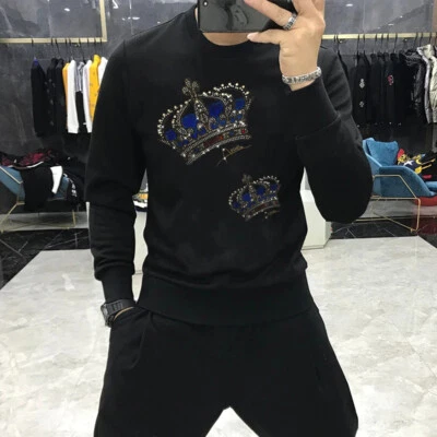 New Fashion Crown Rhinestones Winter Warm Hoodie Men Luxury Sweatshirt Pullover - Image 1 of 4