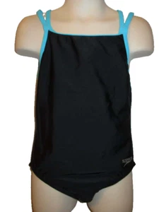 Speedo Black Blue Block the Burn No Wedgie Worries Creora Swimsuit Girl's 7 New - Picture 1 of 5