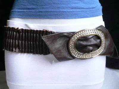 Donna Marrone Scuro Colore Tessuto Elastico Moda Cintura Ovale Bling Argento - Immagine 1 di 4