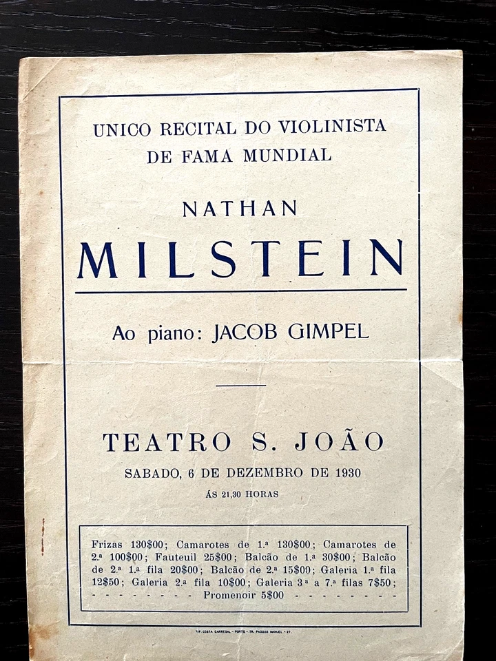 NATHAN MILSTEIN - 6/12/1930 Programa de recitales Corelli, Bach, Brahms, Falla, Bloch Foto 1 de 1