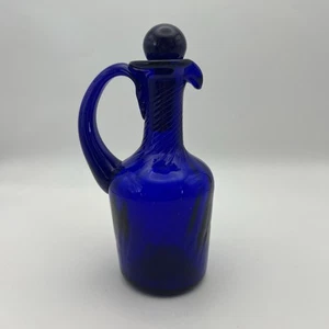 Hand Blown Cobalt Blue Glass Oil Vinegar Cruet Decanter Bottle w/ Stopper Spiral - Picture 1 of 10