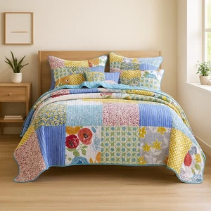 Boho Blumen Patchwork Quilt Set 100% Baumwolle Wende Tagesdecke - Queen Size - Bild 1 von 8