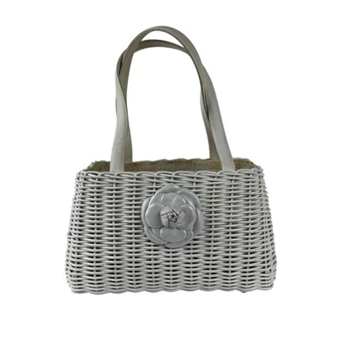 Zalo Handbag Womens White Wicker Basket Tote Leather Flower Shoulder Bag Purse - Image 1 of 4