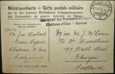 SUIZA 29 JUL 1916 BRITÁNICO PRIMERA GUERRA MUNDIAL PRISIONERO DE GUERRA POSTAL A ESCOCIA Foto 1 de 2