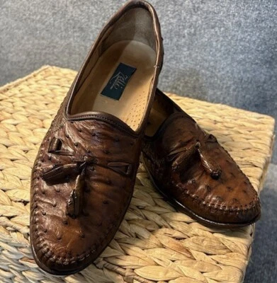 Mocasines Zelli de cuero de avestruz con borlas para hombre 9N marrón hechos en Italia Vero Cuoio Foto 1 de 4