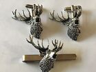Roaring Stag On A Pair Of Cufflinks With A Tie Slide Set A49 English Pewter