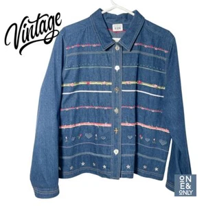 KORET CITY BLUES Vintage 90s Embroidery Ribbon Denim Button-Up Jacket Large - Picture 1 of 14