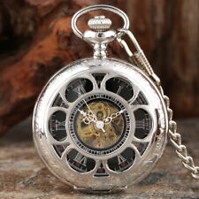 Silver Mechanical Half Hunter Pocket Watch Black Dial with Thick Chain Luxury