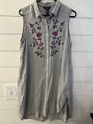 Terre Bleue Dress Sz Large Gray Button Up Dress Embroidered Flowers!
