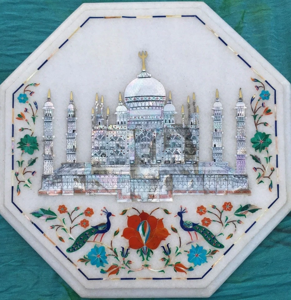 12" Marble side end table top Inlay semi precious stone Handmade Work Home Decor - Image 1 of 3