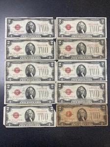1928 $2 Red Seal Notes Lot Of 10 - Picture 1 of 10