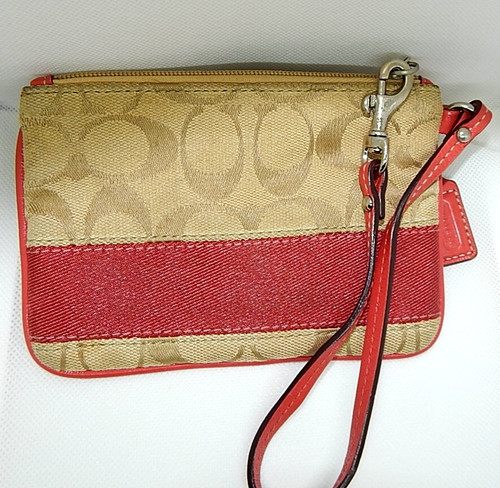 Portafoglio Coach da polso F48097 borsa firma righe spezie arancione pelle cachi