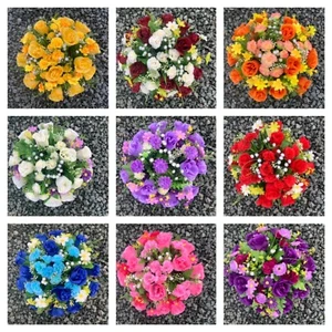 Rosebud and grass Artificial flower arrangements in grave /memorial/crem pots - Picture 1 of 30
