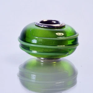 IBB Sterling Silver Green Stripe Murano Glass Charm Spacer Bead - Picture 1 of 3