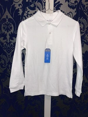 NAUTICA Niño Blanco Polo Manga Larga Uniforme Camisa (Mediano, 10-12) NUEVO (11)Q4 Foto 1 de 2
