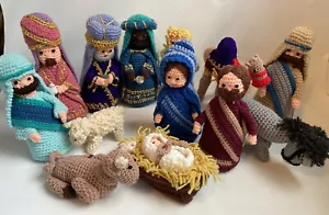 Vtg Handmade Crochet 14 pc Christmas Nativity Mary Baby Jesus Animals Wise Angel - Picture 1 of 17