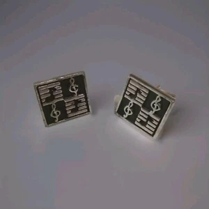 Silver  And Black Musical Cufflinks Treble Clef Music Notes Vintage Metal - Picture 1 of 7