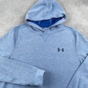 Under Armour Hoodie Mens Medium Blue Waffle Knit Lightweight Pullover Coldgear - Picture 1 of 10