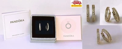 New Pandora 14kt YGP Pavé Heart Hoop Earrings – 266317C01 - Box, Cloth & Express - image 1 of 4