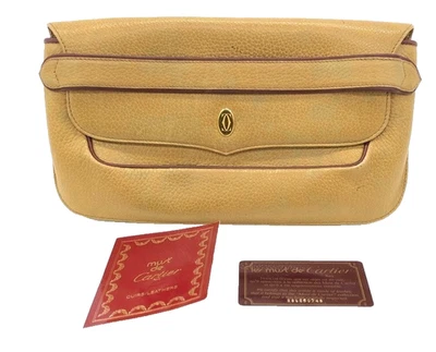 Vintage Cartier Clutch Tasche hellbraun Leder burgunderroter Besatz Gold Logo Frankreich authentisch - Bild 1 von 4