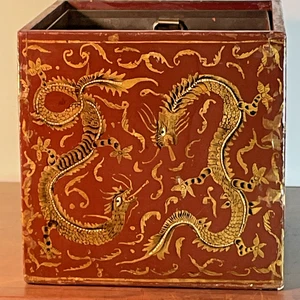 Vintage Asian Chinese Red & Gold Dragon Wood Lacquered Planter Steel Metal Liner - Picture 1 of 20