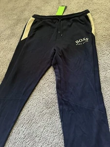 HUGO BOSS MEN'S NAVY BLUE BEIGE HADIKO JOGGERS TRACK PANTS - Picture 1 of 7