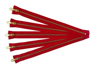Cremalleras metálicas de latón dorado YKK en rojo con tirador de rosquilla - #5 cremalleras cerradas... Foto 1 de 4