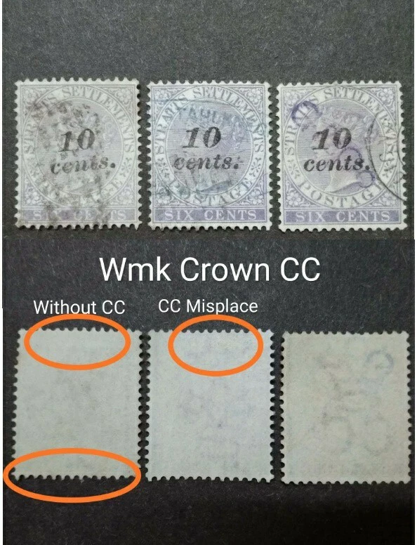 Straits Settlements 1880-81 Queen Ovpt 10c Wmk Without CC Misplace CC & Crown CC - Image 1 of 4