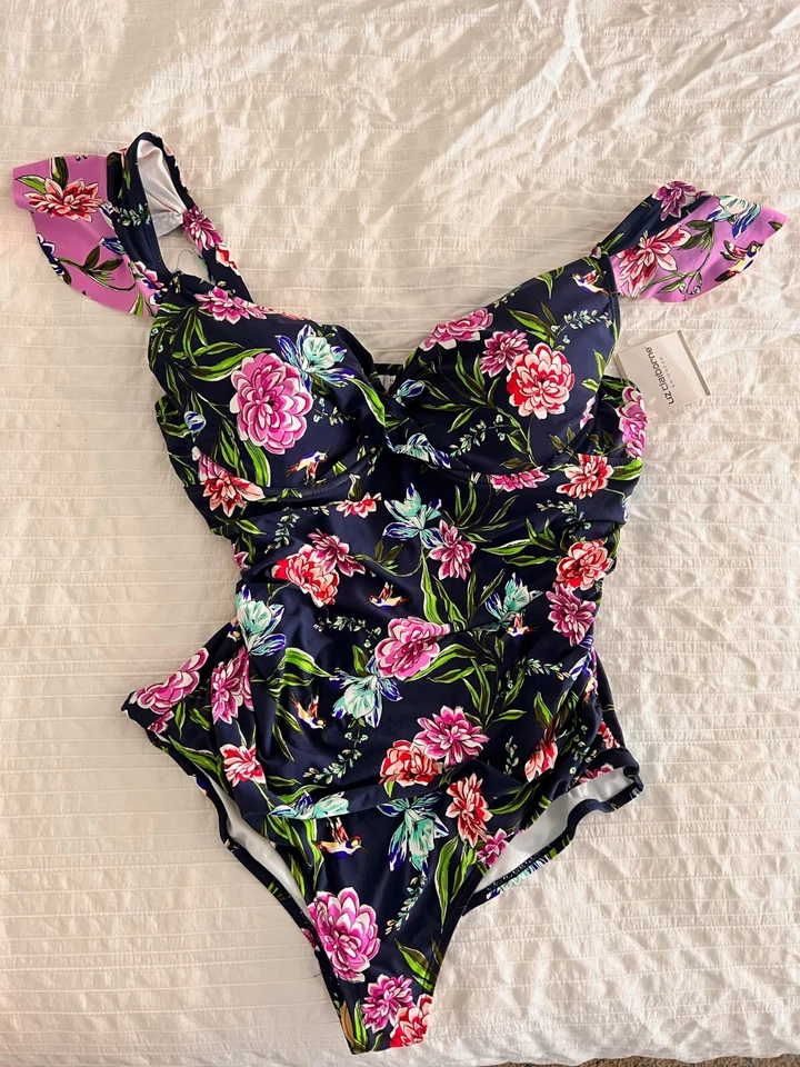 NWT/NEW Liz Claiborne Ruffle Sleeve One Piece Swimsuit Sz 18 Navy Floral Ruched - Image 1 of 4