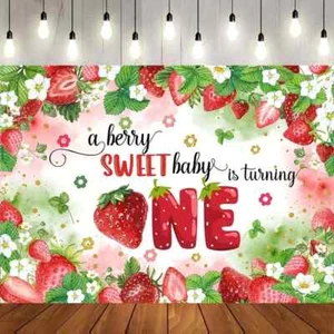 Strawberry 1st Birthday Backdrop 3x5ft Berry Sweet One Girl First Birthday Pa... - Picture 1 of 5