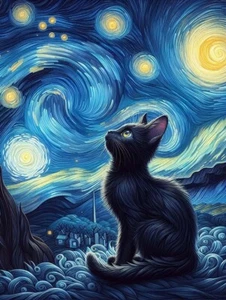 Diamond Painting Kits for Adults, Black Cat Starry Sky 5D DIY Diamond Art Kits F - Picture 1 of 6