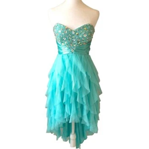 Deb Aqua trägerloses Schmuck Babydoll hoch niedrig Tüll Rüschen Kleid Y2K Abschlussball - Bild 1 von 7