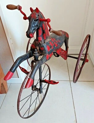 Ancien jouet Cheval tricycle en bois et fonte, XIXe siècle - Photo 1/4