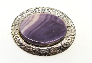 Vtg Sterling Lsp Co. Amethyst Purple Swirl Agate Stone Brooch Pin - Picture 1 of 3
