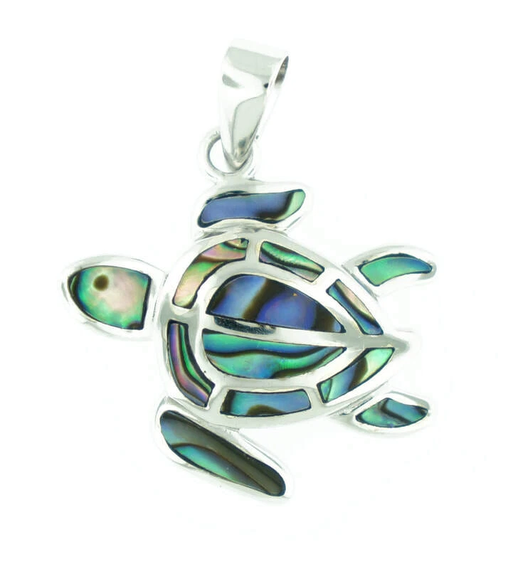 Solid 925 Sterling Silver Natural Abalone Puau Shell Women Mosaic Turtle Pendant - Image 1 of 1
