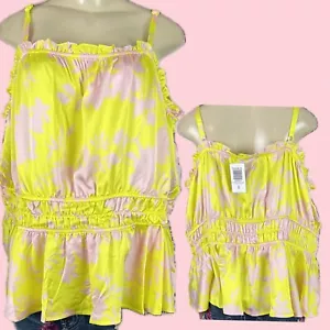 Torrid Plus 4 Yellow-Pink Floral Satin Ruffle Elastic Waist Detail Camisole Top - Picture 1 of 6