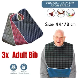 3 x Adult Bibs Plaid Print Large Washable for Elderly Senior and Disabled Eating - Picture 1 of 16