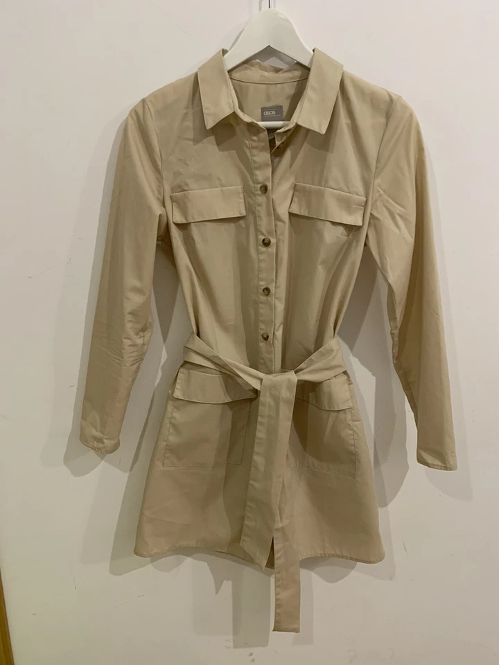 ASOS BEIGE SHIRT BELTED DRESS POCKETS SIZE UK 8 36 SMALL - Imagen 1 de 4