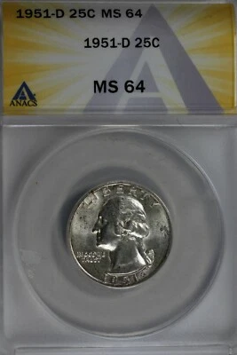 1951-D  .25   ANACS   MS 64  Washington Quarter, Silver 25 Cents (0.25) - Image 1 of 2
