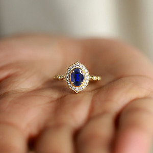 14K Gold 0.76 Ct Oval Lab Created Sapphire & Real Diamond Halo Engagement Ring
